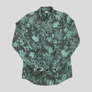 DC Gray Green Floral Hawaiian Long Sleeve Cotton Skater Shirt Mens S